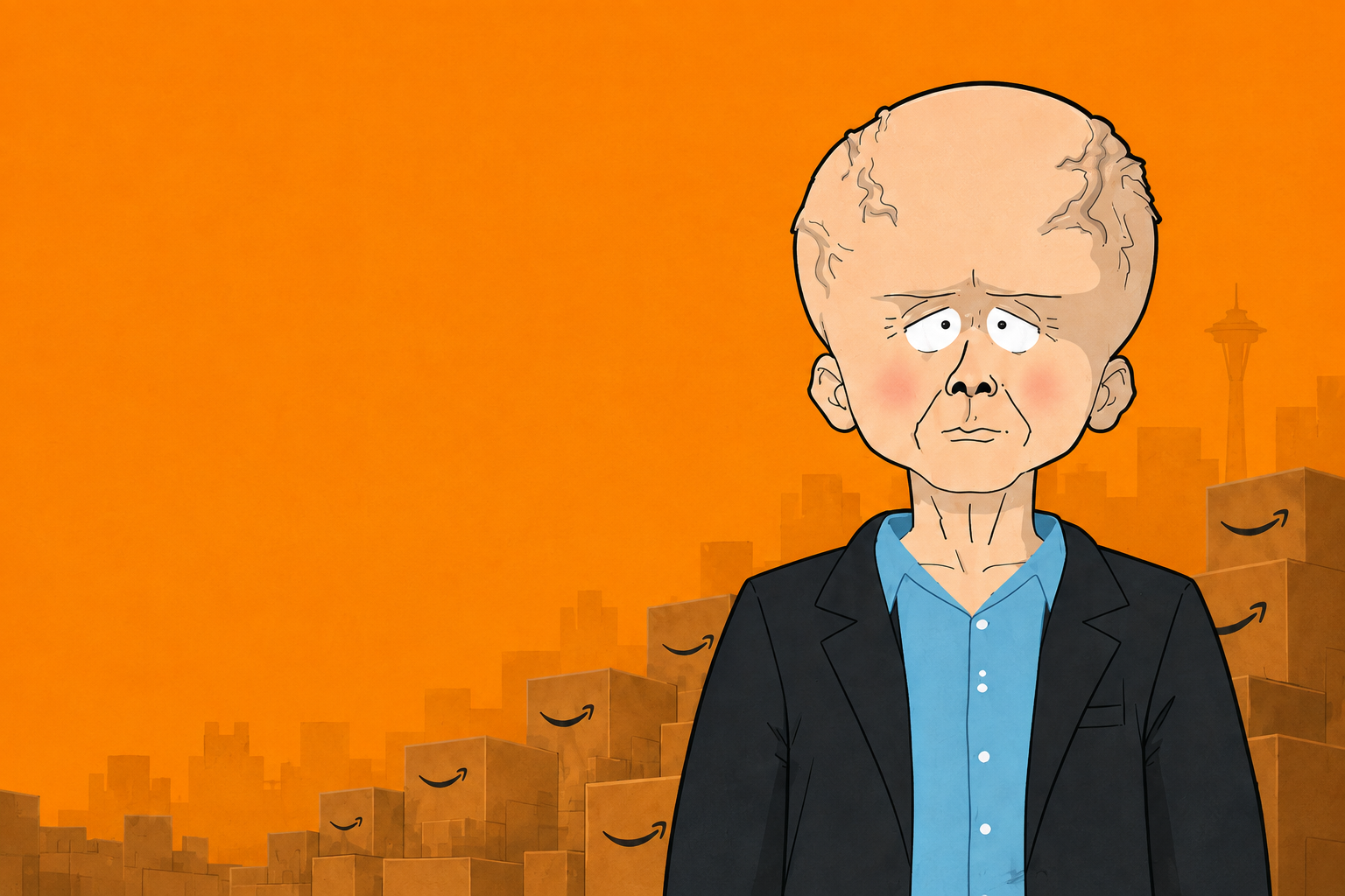 Cartoon Jeff in a dark blazer, standing among delivery boxes